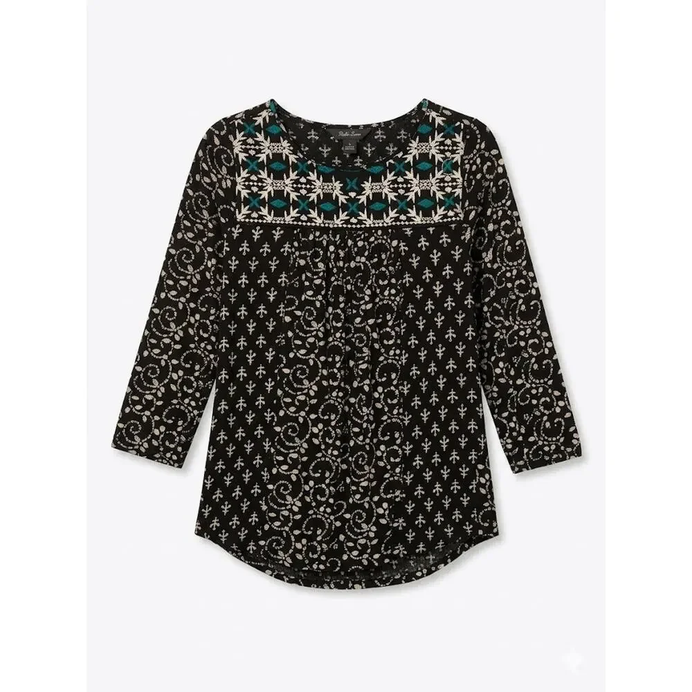 Lucky Brand Women's Small Boho Peasant Blouse Embroidered Black White Teal Top - Picture 2 of 9